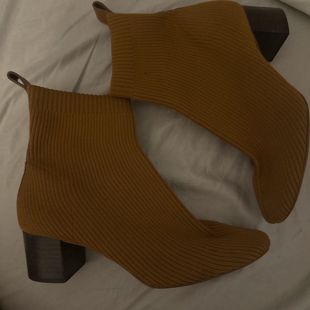 Knit Block Heel Ankle Boots in Mustard